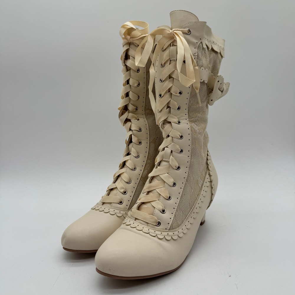 Voviggiw Lace Boots Women's US 8 EU 40 Cream Ribbon Victorian Bow Heels